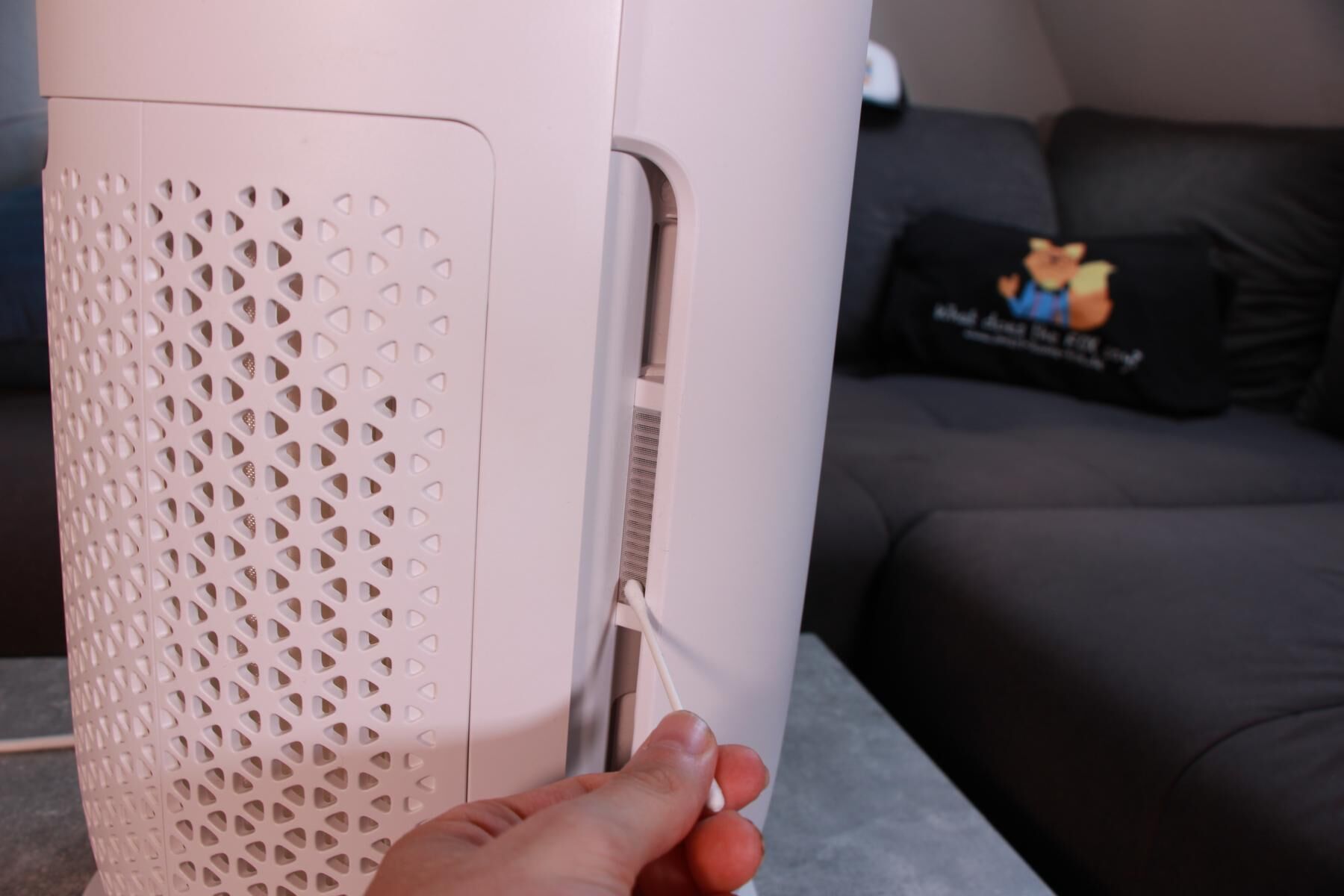 Входное отверстие датчиков частиц Philips Air Performer Series 7000 (AMF765/10) очищается сухой ватной палочкой во время теста. 